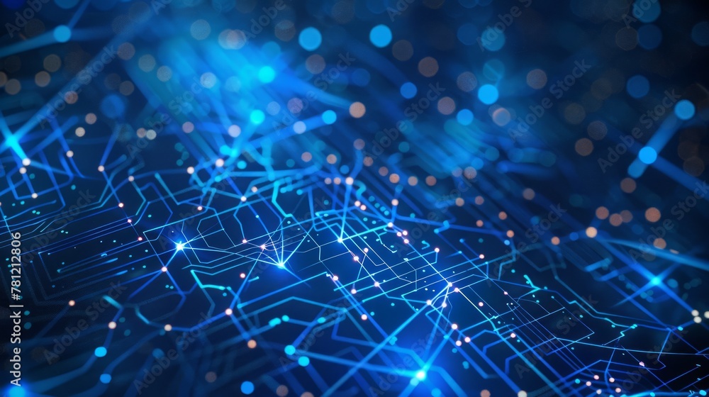 Poster abstract blue digital background with glowing data connections and circuit patterns