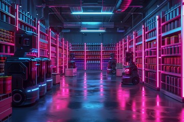 High tech warehouse environment, where robots manage the precision sorting and exporting of goods - obrazy, fototapety, plakaty