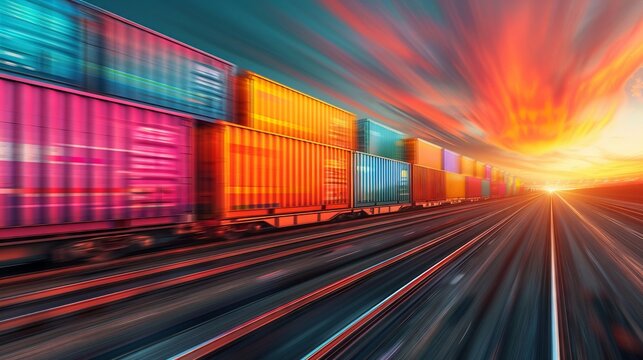 Fototapeta Highspeed freight train with vibrant intermodal containers, emphasizing swift delivery