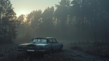 An abandoned car on a foggy road at dawn, the surrounding forest looming, evoking a sense of suspense and foreboding - obrazy, fototapety, plakaty