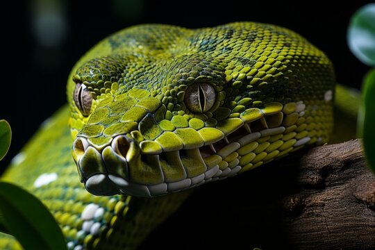 A lithe green tree python draped over the sturdy branch of a towering tree, its emerald scales blending seamlessly with the verdant foliage