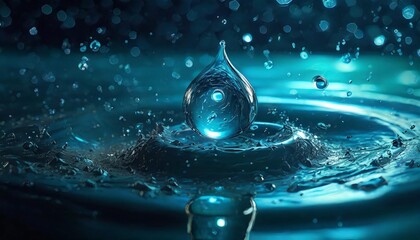 water drop with droplet and rings on surface bluish background - obrazy, fototapety, plakaty