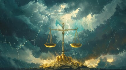 Stormy skies over scales balancing gold coins and loan papers, symbolizing the risk-reward of private credit investments.