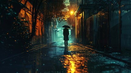 Lonely figure standing in a rain-soaked alleyway, dim streetlights casting long shadows
