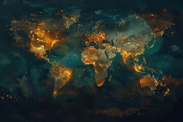 Illuminated world map showcasing post-pandemic economic recovery, supply chains, and consumer spending patterns. - obrazy, fototapety, plakaty