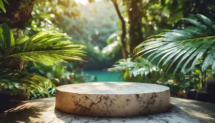 Rolgordijnen beige stone tabletop podium floor in outdoors tropical garden forest blurred green leaf plant nature background natural product placement pedestal stand display jungle paradise concept © Dayami