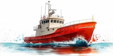 A red and white tugboat maneuvers through the harbor, illustration on a white background. - obrazy, fototapety, plakaty