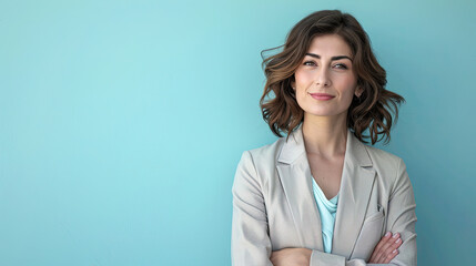 Turkish businesswoman in 40s, on pastel blue background