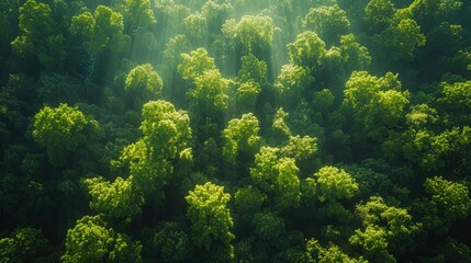 A green canopy of an old forest from above, sunlight filtering through leaves, a hidden world...