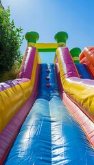 Inflatable water slides by residential pool in suburban backyard. Family fun summer activities.