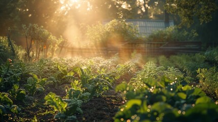 Obraz na płótnie Canvas A lush vegetable garden at sunrise, dew on leaves glistening, promising a bounty of fresh produce