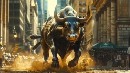 A majestic bull charging forward across a financial district, symbolizing a strong bull market