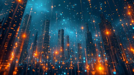 A network of glowing data streams enveloping smart city skyscrapers, illustrating a connected future