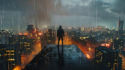 Fototapeta na wymiar Solitary AI figure on a rain-soaked rooftop overlooking a sprawling cyberpunk metropolis