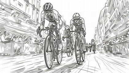 Cyclists in a race sketch. Dynamic motion concept in a hand-drawn style. Tour de france competiotion
