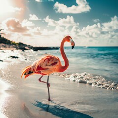 Flamingo standing on a beach. Wildlife and tropical vacation concept. Suitable for travel