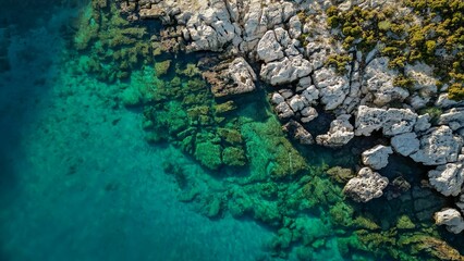 Fototapeta na wymiar Aerial top view of rocks covered with greenery against a turquoise sea