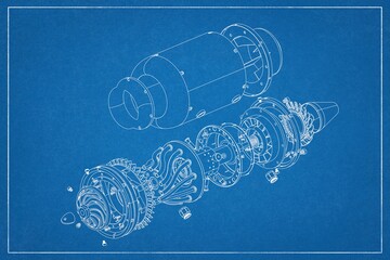 3D project of a jet engine with an exploded view.