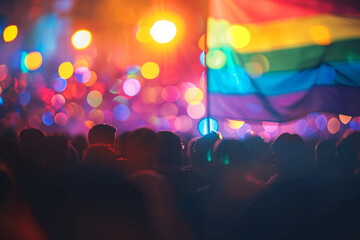 Unfocused image of silhouette of pride parade people and rainbow flag. LGBTQ pride.