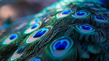 Vibrant Display of Peacock Feathers Capturing Detailed Texture and Iridescent Colors in Natural Light