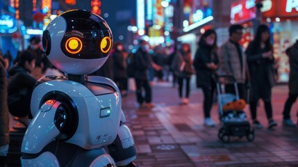 AI robot in a busy urban setting, interacting with people