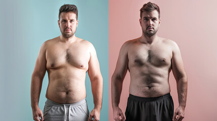 Fototapeta premium Awesome Before and After Weight Loss Fitness Transformation. Isolated on pastel background