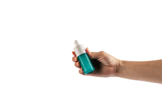 Blue glass cosmetic bottle in hand, Skin care or sunscreen cosmetic on transparent background.