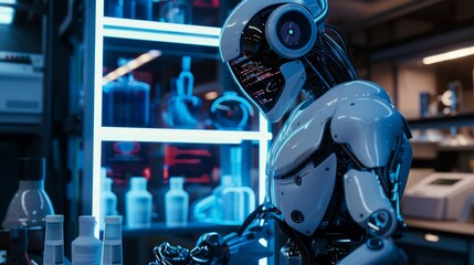 Sleek, humanoid AI robot in a futuristic lab, surrounded by advanced technology, blue neon lights...