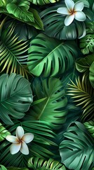 Dense tropical leaves with hidden red flowers. Nature and jungle concept. Perfect for botanical