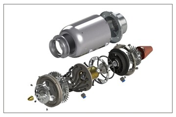 3D project of a jet engine with an exploded view.