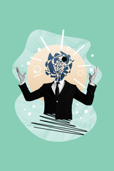 Vertical photo collage of headless businessman thoughts brainstorm imagination fantasy strategy...