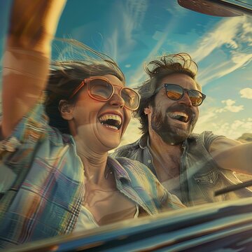 Fototapeta Couple enjoying road trip in a vintage car with ocean view. Realistic painting vibrant colors.