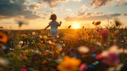 Child running through a field of wildflowers, sunset in the background