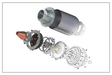 3D project of a jet engine with an exploded view.