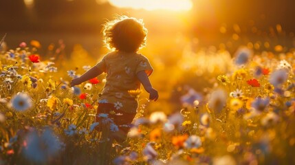 Child running through a field of wildflowers, sunset in the background