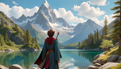 A cloaked figure gazes at a towering mountain across a serene alpine lake, suggesting a quest in a magical realm. AI Generation - obrazy, fototapety, plakaty