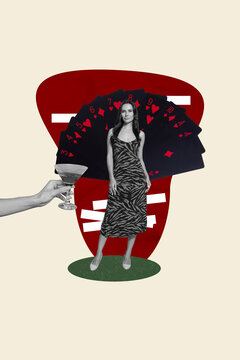 Vertical photo collage of pretty girl stand zebra pattern dress play cards poker hand offer cocktail alcohol isolated on painted background