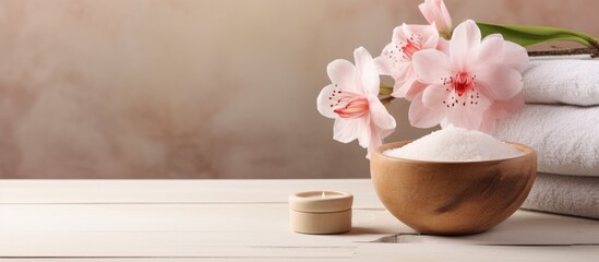 Table with towels and flower in wooden bowl