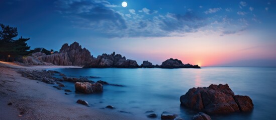 Moonlit tropical beach with rocks