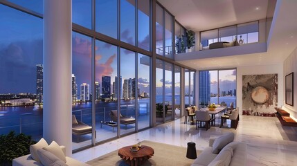 Discover the zenith of urban sophistication from the lofty heights of a double-height loft atop one of Brickell Key's most prestigious buildings in Miami.  - obrazy, fototapety, plakaty