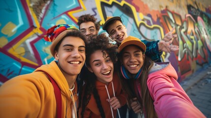Group of teenagers taking a selfie, vibrant clothing, diverse expressions of joy and friendship