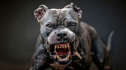 An intense pit bull showing aggression is a powerful portrait. Watch out for the angry dog.
