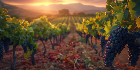 Ripe grapes hang in abundant clusters in the vineyard