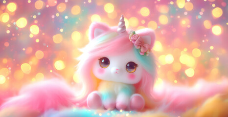 Cute unicorn on the cloud with light bokeh background, lovely baby unicorn & copy space pastel