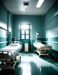 Two vacant hospital beds in a sterile blue corridor with medical equipment, evoking themes of healthcare and urgency. AI Generation