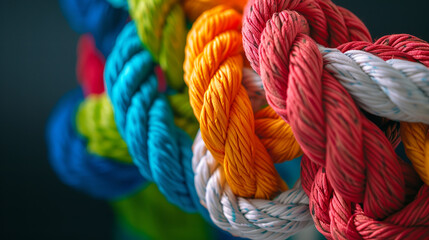 Closeup of colorful thick ropes intertwined in intricate knot, symbolizing unity and strength, community or team work , vibrant color palette, detailed texture, and symbolic imagery