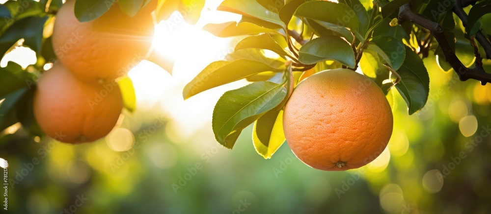 Poster fresh grapefruits on tree with sun shining through
