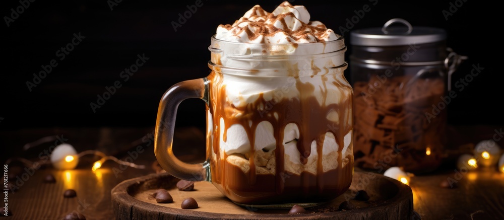 Poster a steaming cup of hot cocoa topped with fluffy marshmallows
