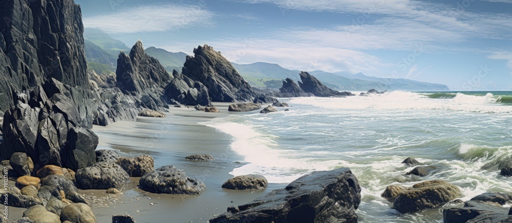 Poster hidden coastal gem with crashing waves and towering cliffs