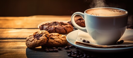 Coffee cup and cookies on table - obrazy, fototapety, plakaty